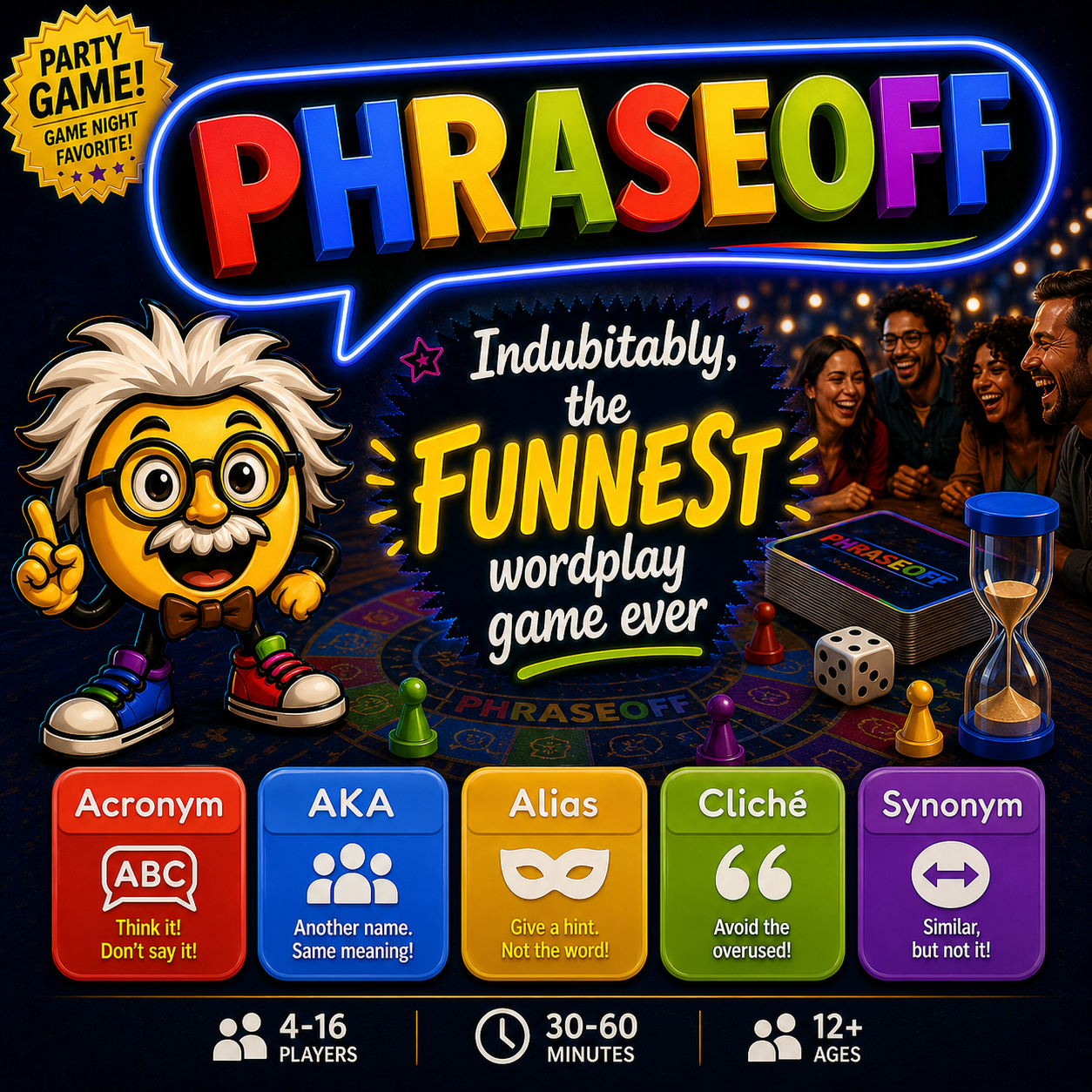 The Phraseoff board game box cover, billed as a party game and game night favorite for 4 to 16 players, ages 12 and up, lasting 30 to 60 minutes