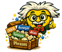 Professor Phrasey behind a crate overflowing with phrase category tags